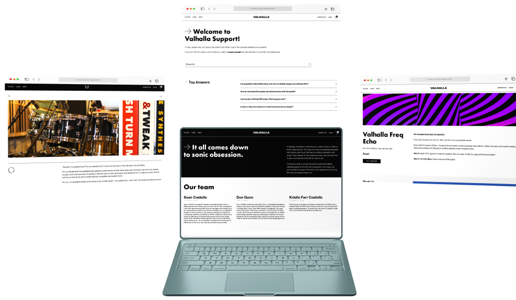 valhalla website on four difference screens of laptop 