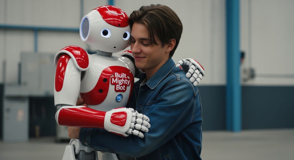 photo of the Built Mighty bot, in red and white colors, hugging a human