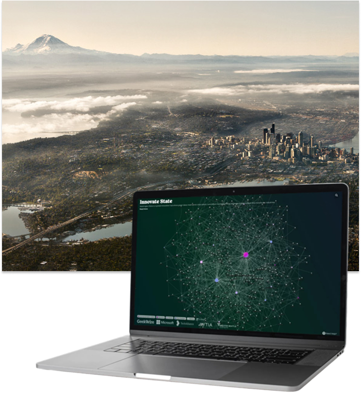 photo of seattle from birds eye view with a laptop showing their new custom innovate state data visualization