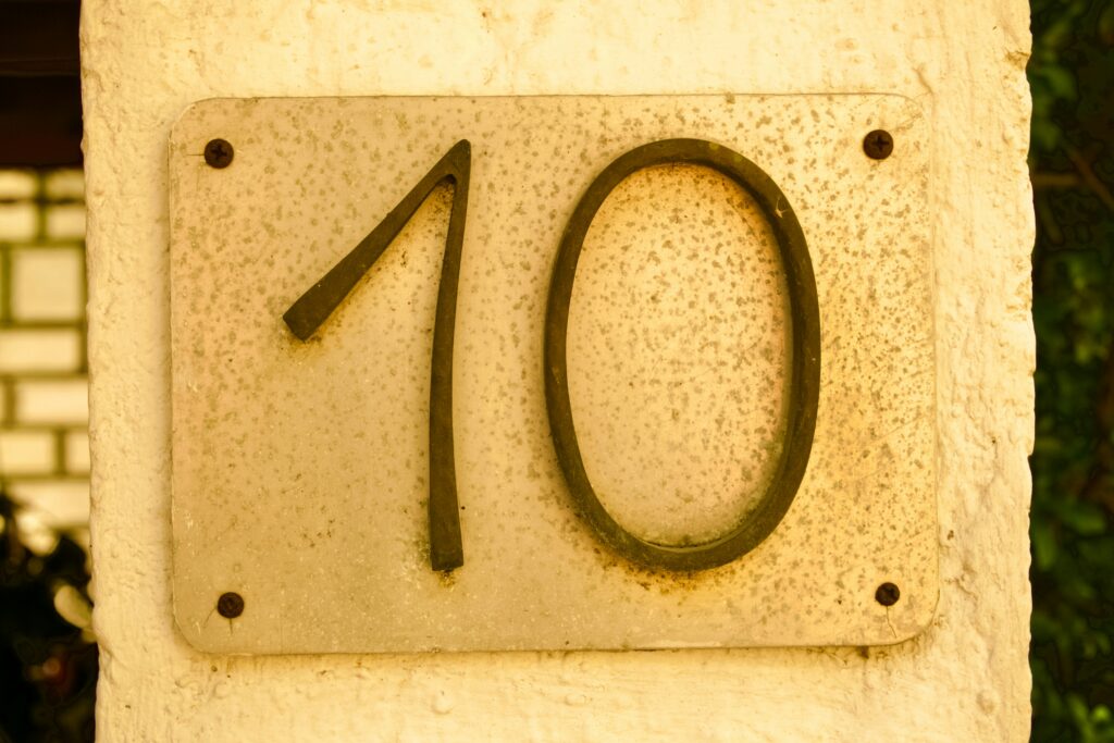The number "10" on a sign
