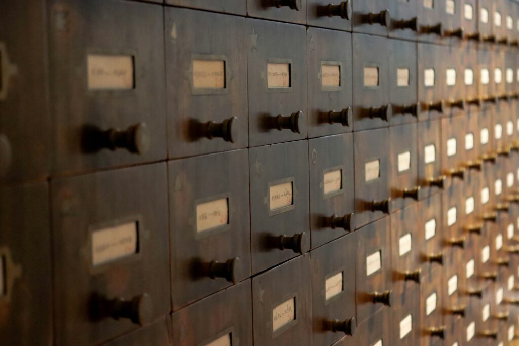 a row of small wooden drawers